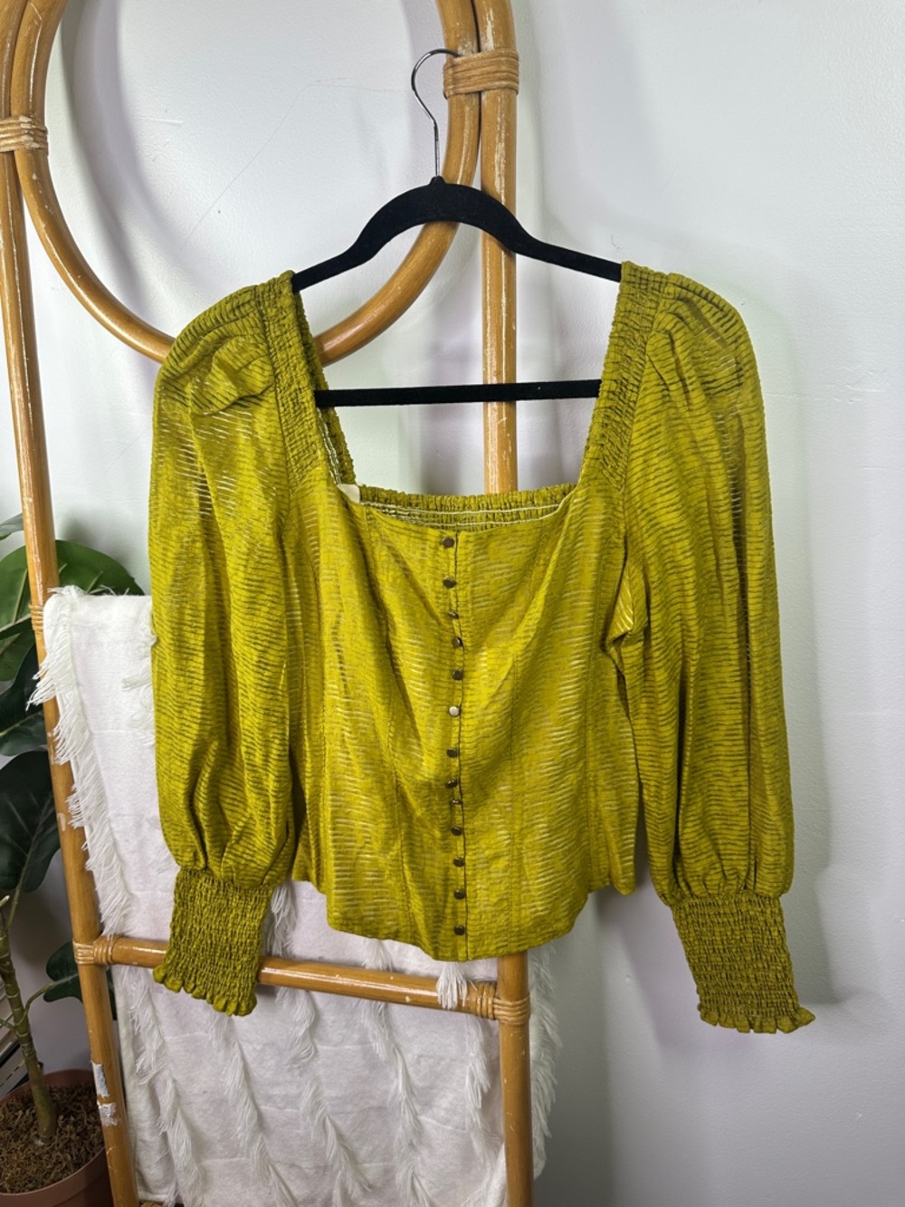 Free People Chartreuse Puff Sleeve Square Neckline Blouse sz M